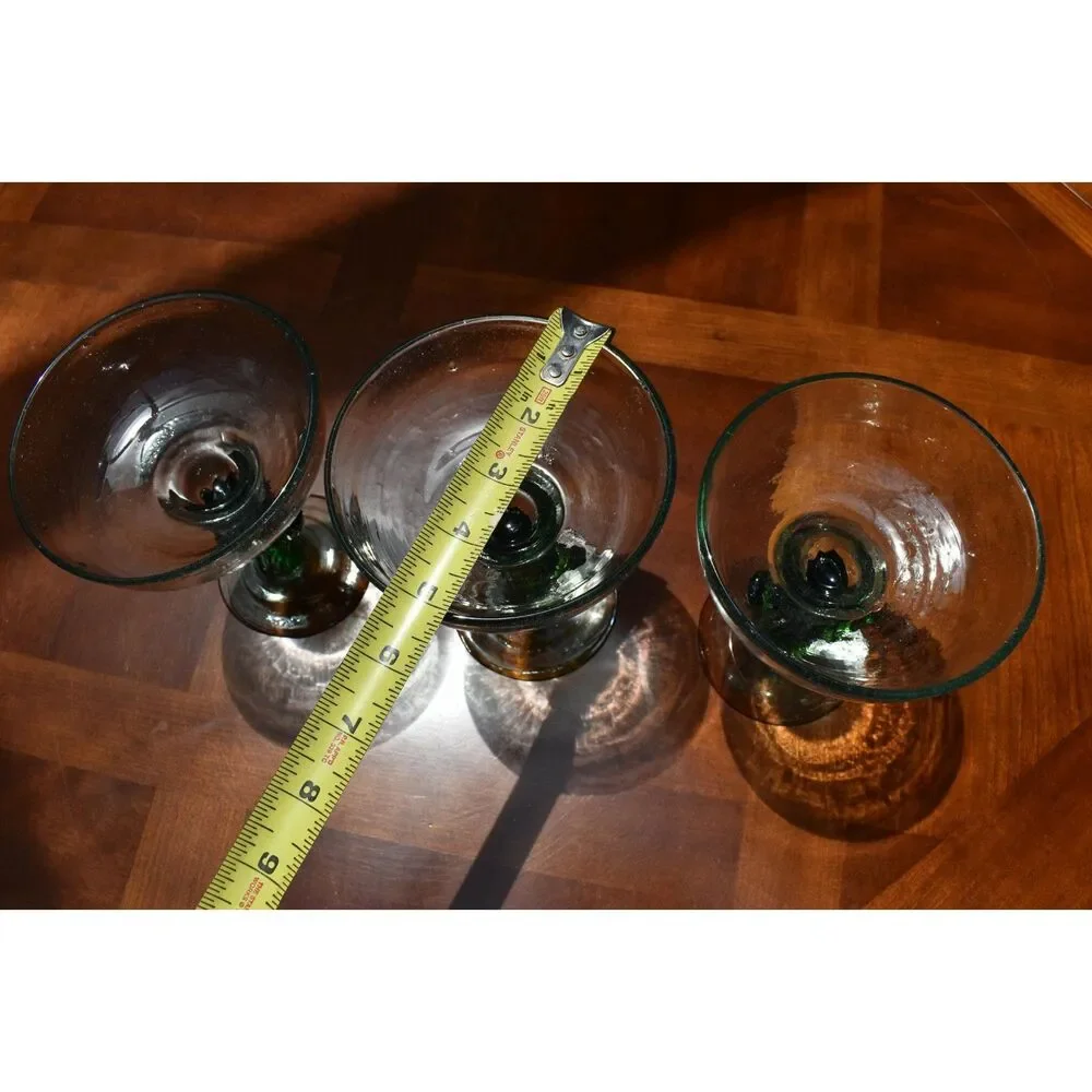 Set of 3 Mexican Hand Blown Cactus Stem Margarita Glasses Blown Heavy Barware